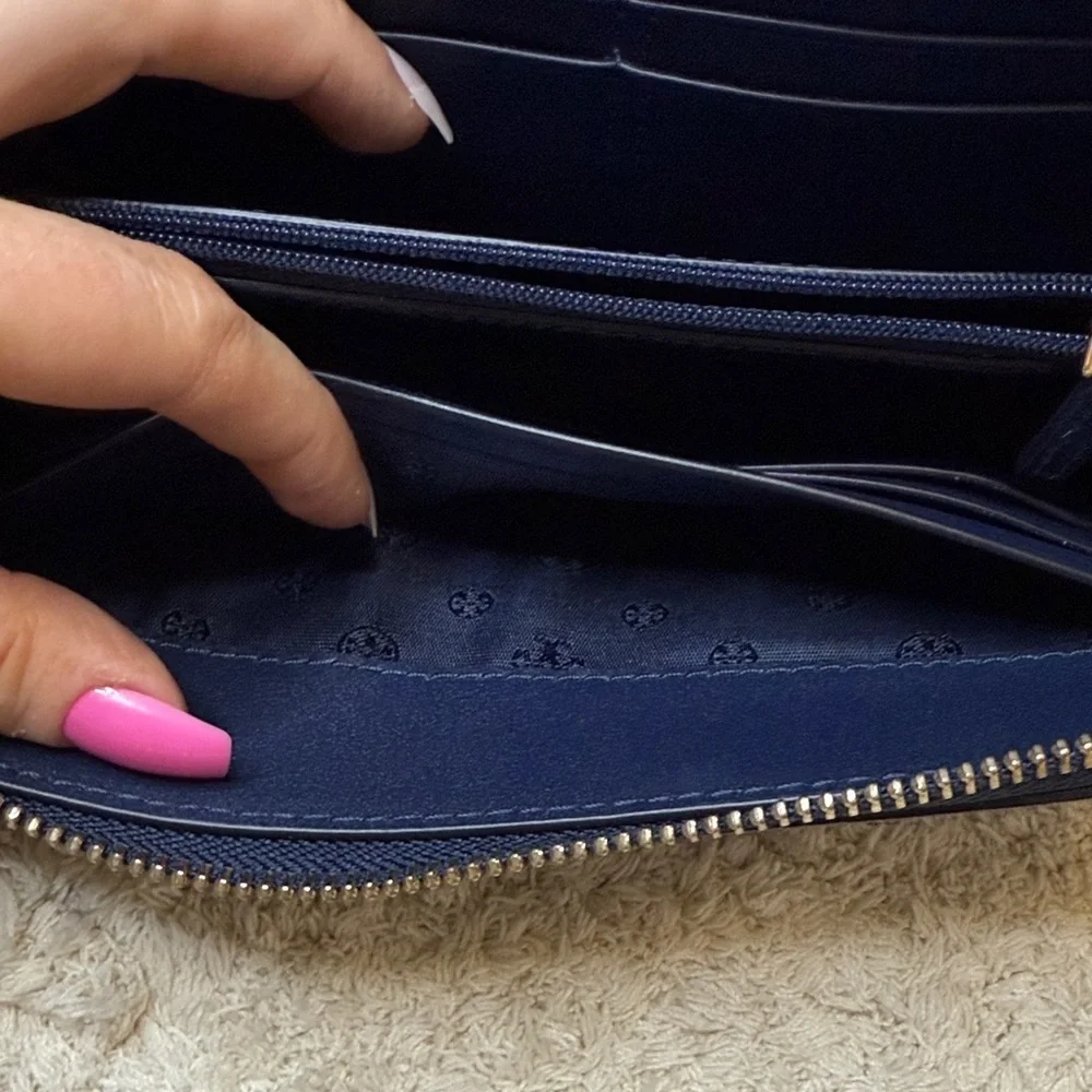 Tory Burch T Block Navy and White Checkered Continental Zip Around Wallet
